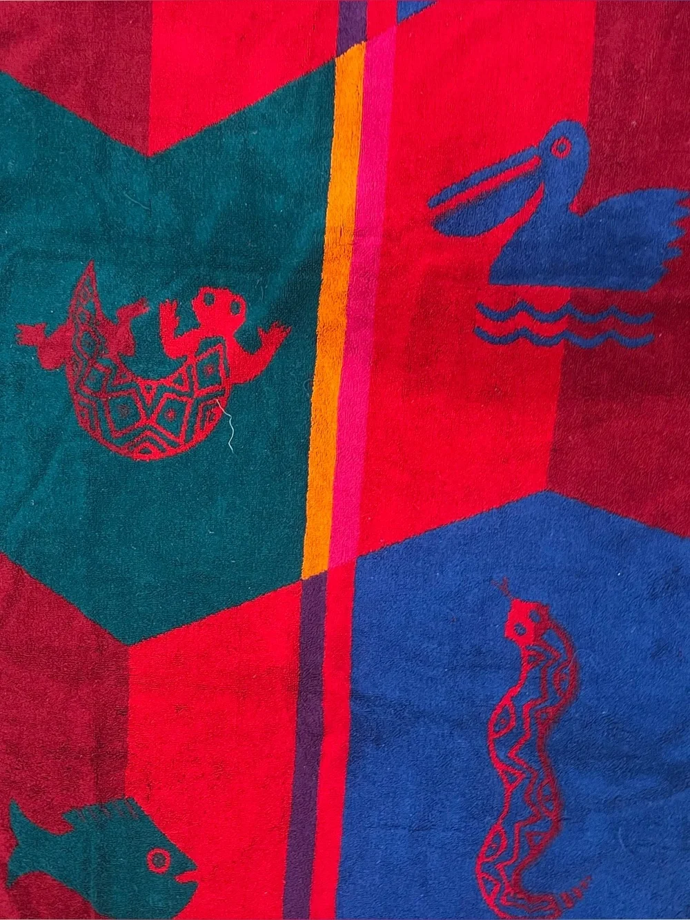 VTG Royal Terry Red Beach Towel Gecko Turtle Aztec Cotton 58x16